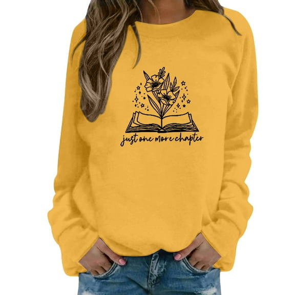 Arlun Just One More Chapter Sweatshirts for Women Cute Flower Book Graphic Printed Book Lover Crewneck Pullovers Reading Librarian Oversized Soft Comfortable Long Sleeve Tops Yellow XL