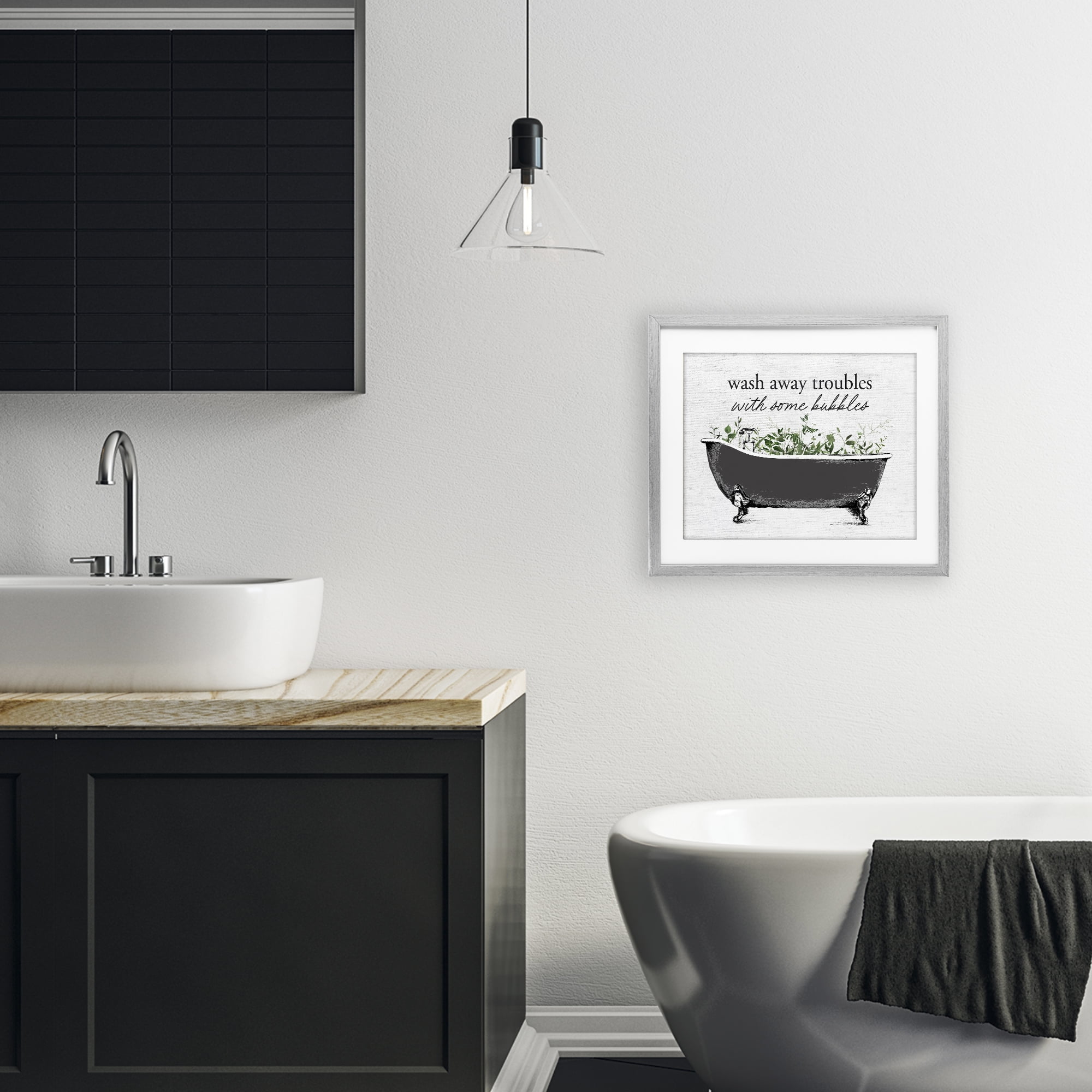 Comforting Bubble Bath Quote Gray Framed Print Under Glass, design by Lettered and Lined