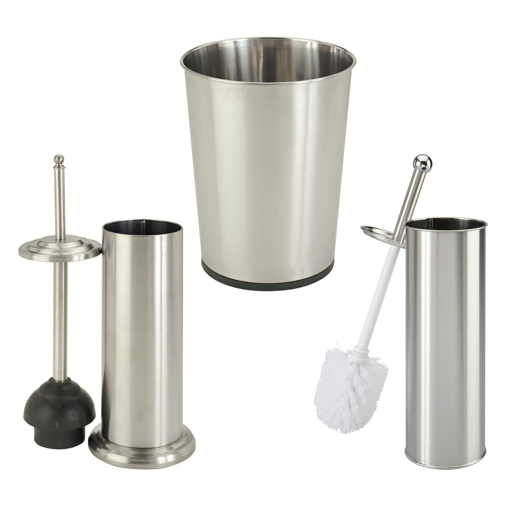 Bath Bliss Stainless Steel Trash Can, Plunger and Toilet Brush Stainless Steel Toilet Brush And Plunger Set