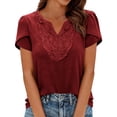 thumbnail image 2 of Otntypg Petal Short Sleeve Tops for Women Dressy Casual Summer Lace Crochet Eyelet Patchwork V Neck Tunic Blouse Trendy Vacation Boho Tshirts Wine XXL, 2 of 10