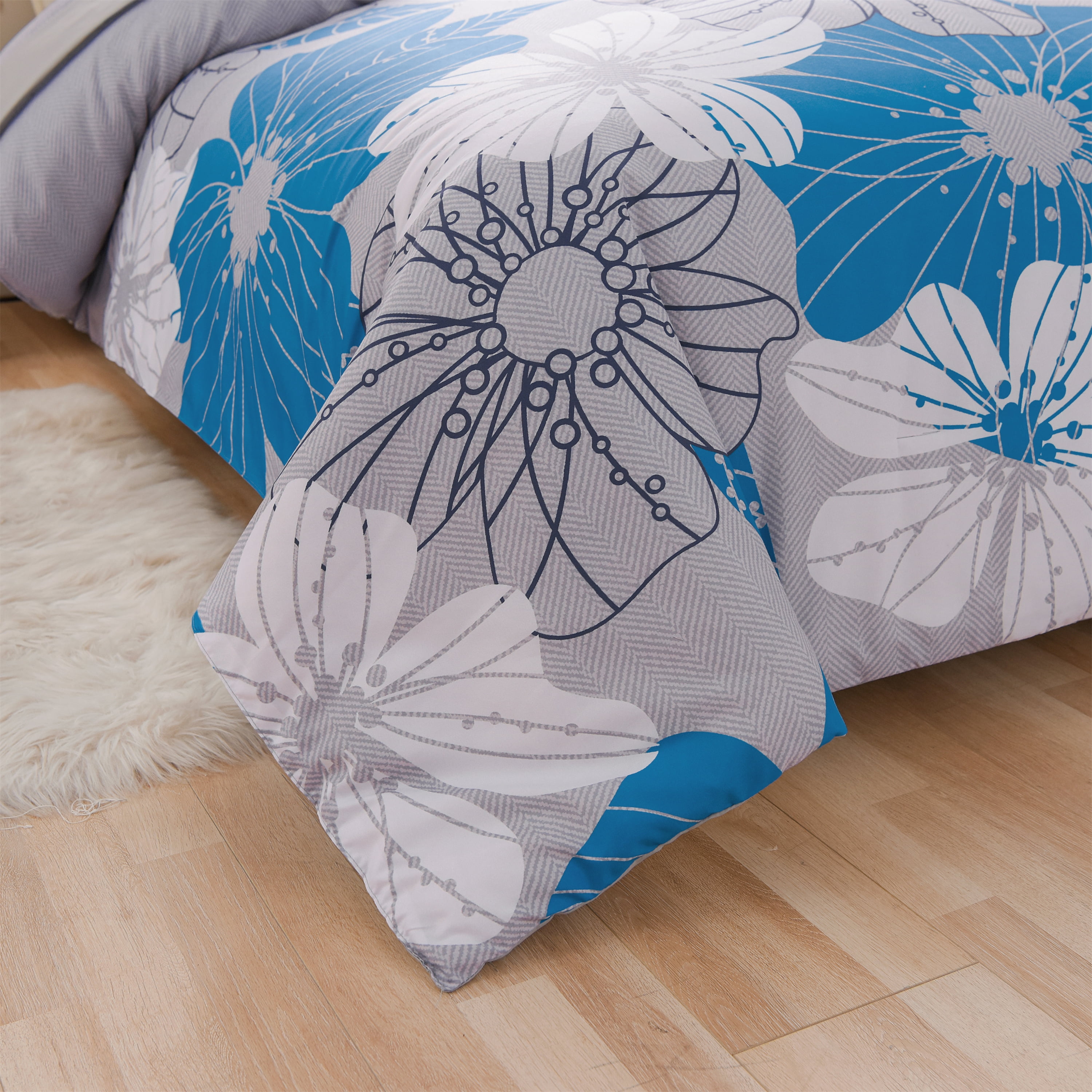 Btargot 6PCS Bed-in-a-Bag Queen Blue Flower Comforter Set Adult Soft Botanical Boho Bedding Set