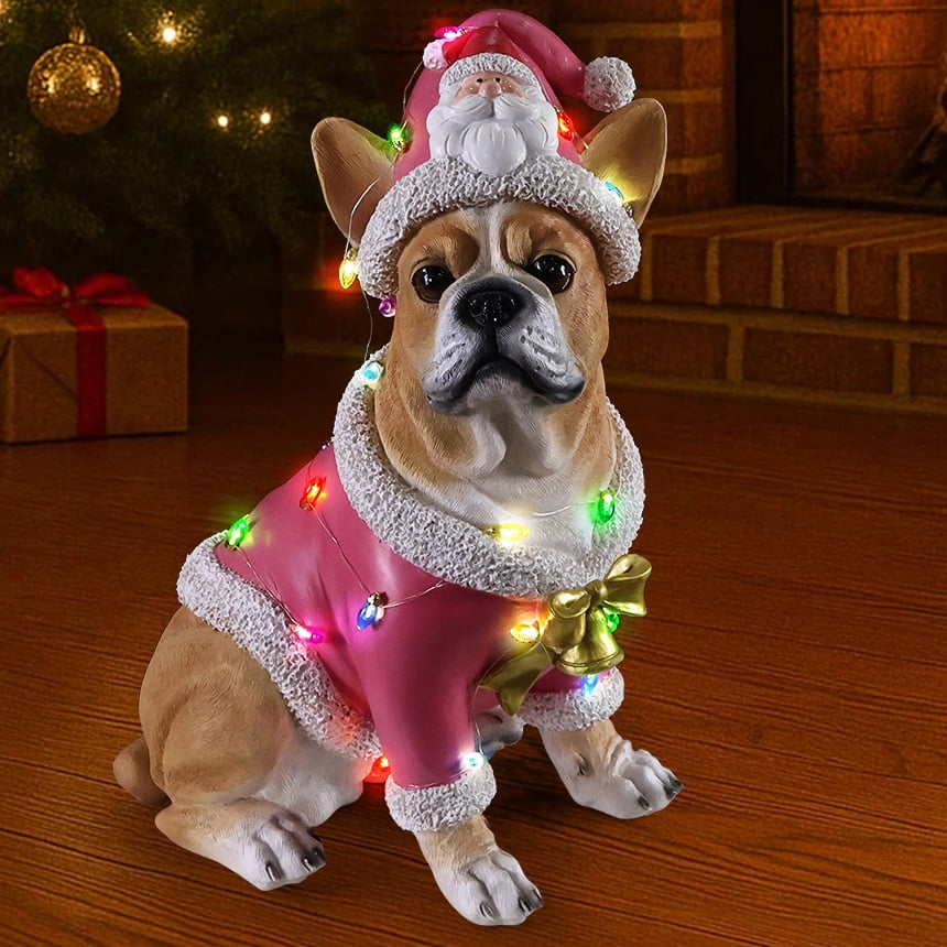 French Bulldog Pink Santa Outfit Christmas Dog Statue with Light Details Holiday Tabletop Decor