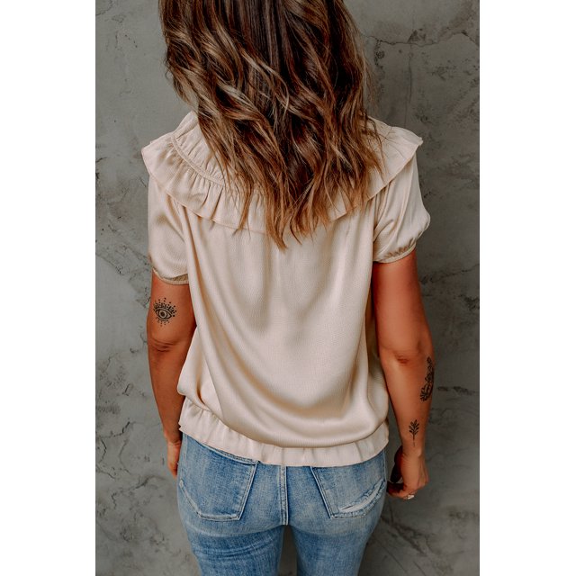 ABPHQTO Top campesina de manga corta con detalle plisado color albaricoque para mujer