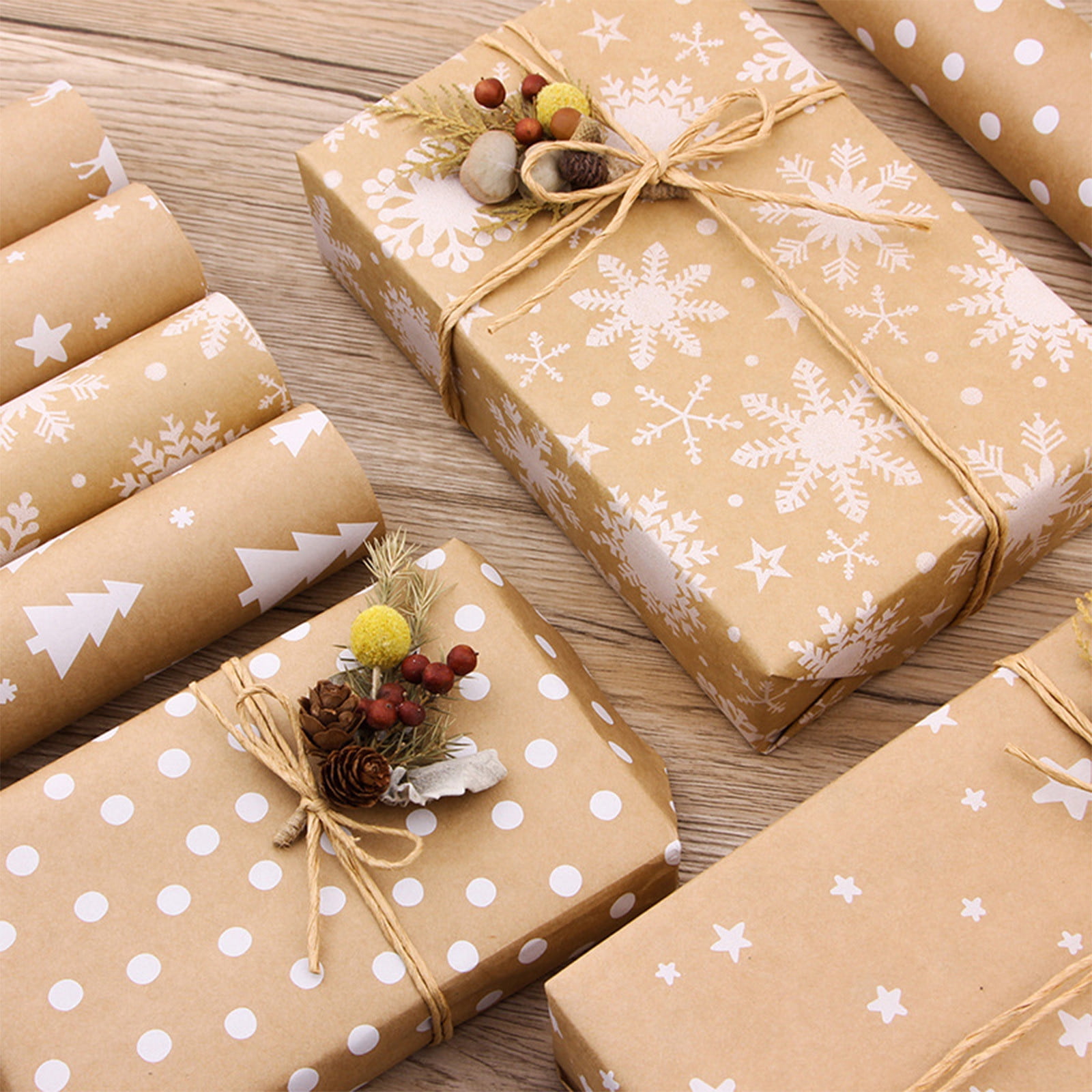HongHeng 5Pcs Recyclable Minimalist Kraft Wrapping Paper with Cut Lines White Trees, Deer Antlers, Snowflakes on Brown Kraft for Winter Weddings, Birthdays with Rope and Tape