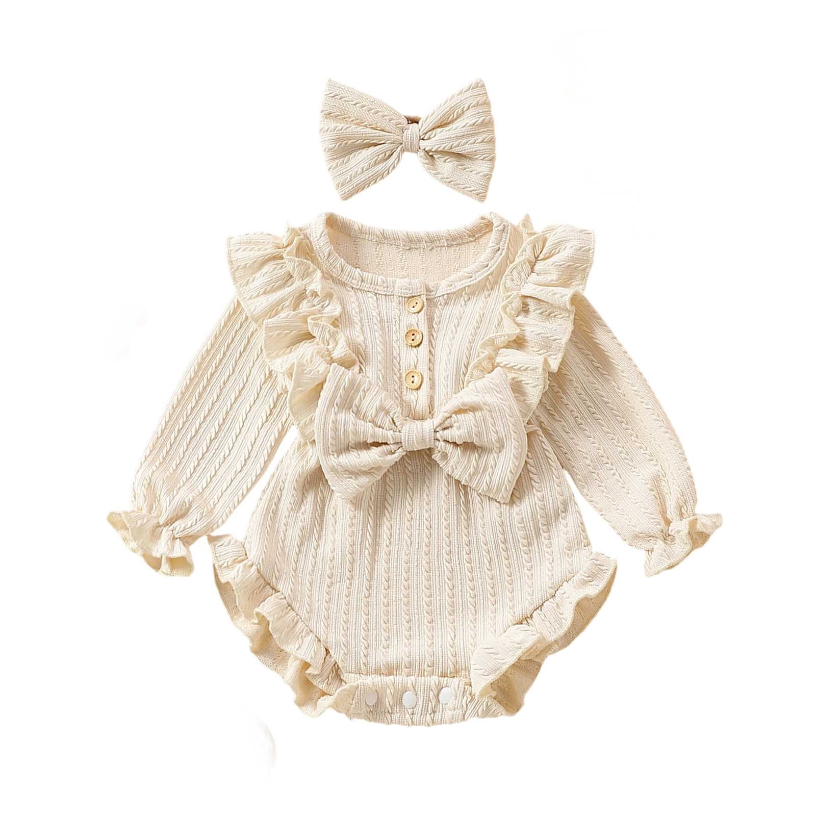 SGMVNU 2-pack Baby Girls Clothes Ruffle Bowknot Bodysuits with Bow Hairband Long Sleeve Button Romper Jumpsuits Infant Outfits Age 6-9 Months, Set A