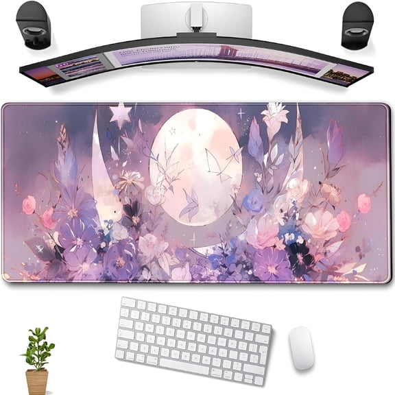 XIBUFE Cool Pastel Purple Floral Desk Mat Mouse Pad Large Gaming Mousepad Spiritual Full Moon Xl Extended Desk Pad Laptop Keyboard Mouse Mat,Cute Deskmat for Women Office Decor 31.5''X11.8''