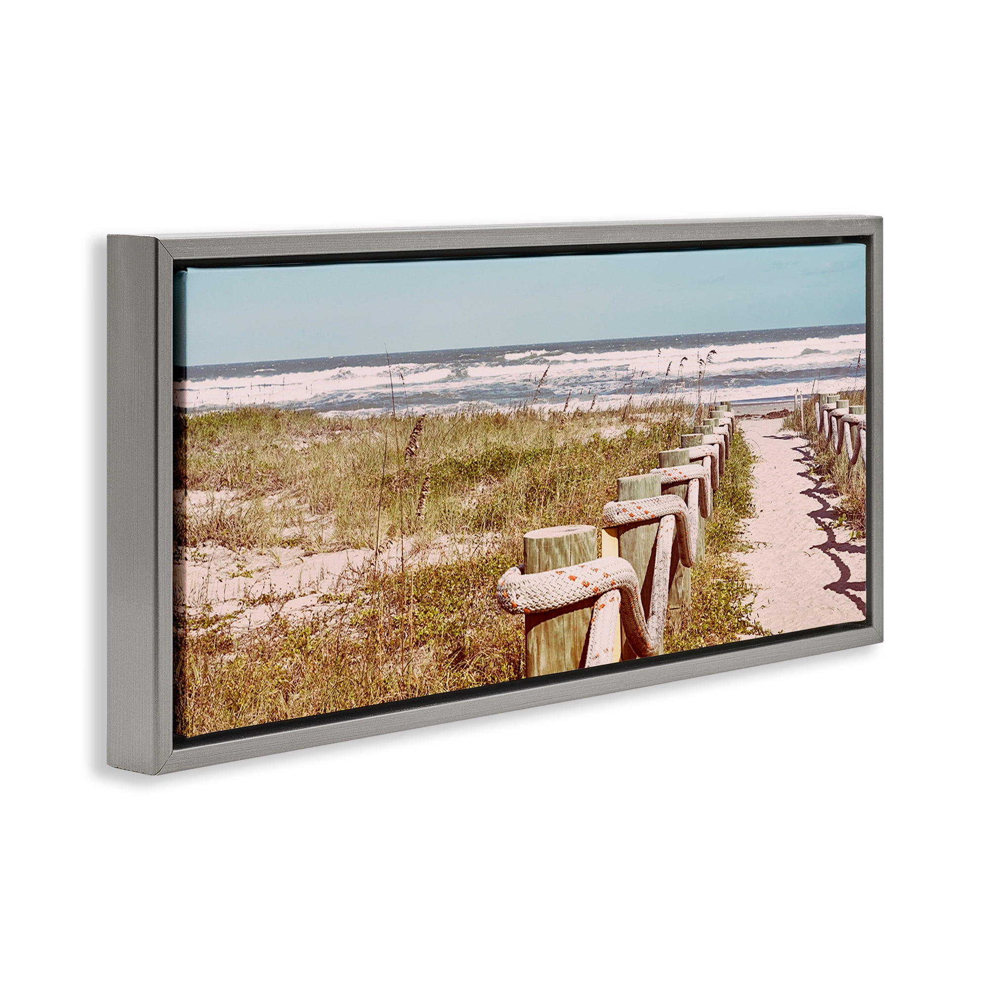 Stupell Industries Eastern Beach Walkway Landscape Photography Gray Floater Framed Canvas Art Print Wall Art, 31 x 14