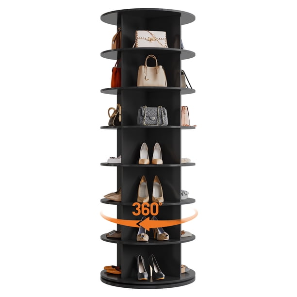 QinaQin Zapatera giratoria de 7 niveles, organizador de madera con rotación de 360 grados para 28 a 32 pares, diseño vertical ahorrador de espacio para recámara o entrada