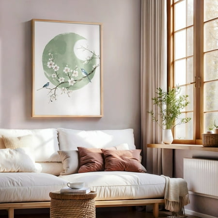Japandi Sage Green Moon Sakura Art Oriental Asian Bird Landscape Cherry Blossom Print Japanese Zen Unframed Paper Print