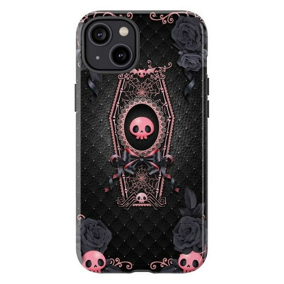 Gothic Coffin Skull Phone Case for iPhone 16/15/14/13/12/11 Pro, Pro Max, Mini, Plus – Cute Pink Black Halloween Dual Layer Phone Cover