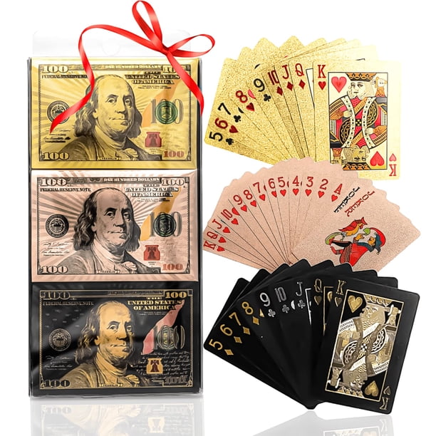 Magic Kiss - Juego de cartas de póquer con lámina dorada y plateada, resistente al agua, baraja de naipes de plástico, regalo (3 barajas (oro oro rosa negro))