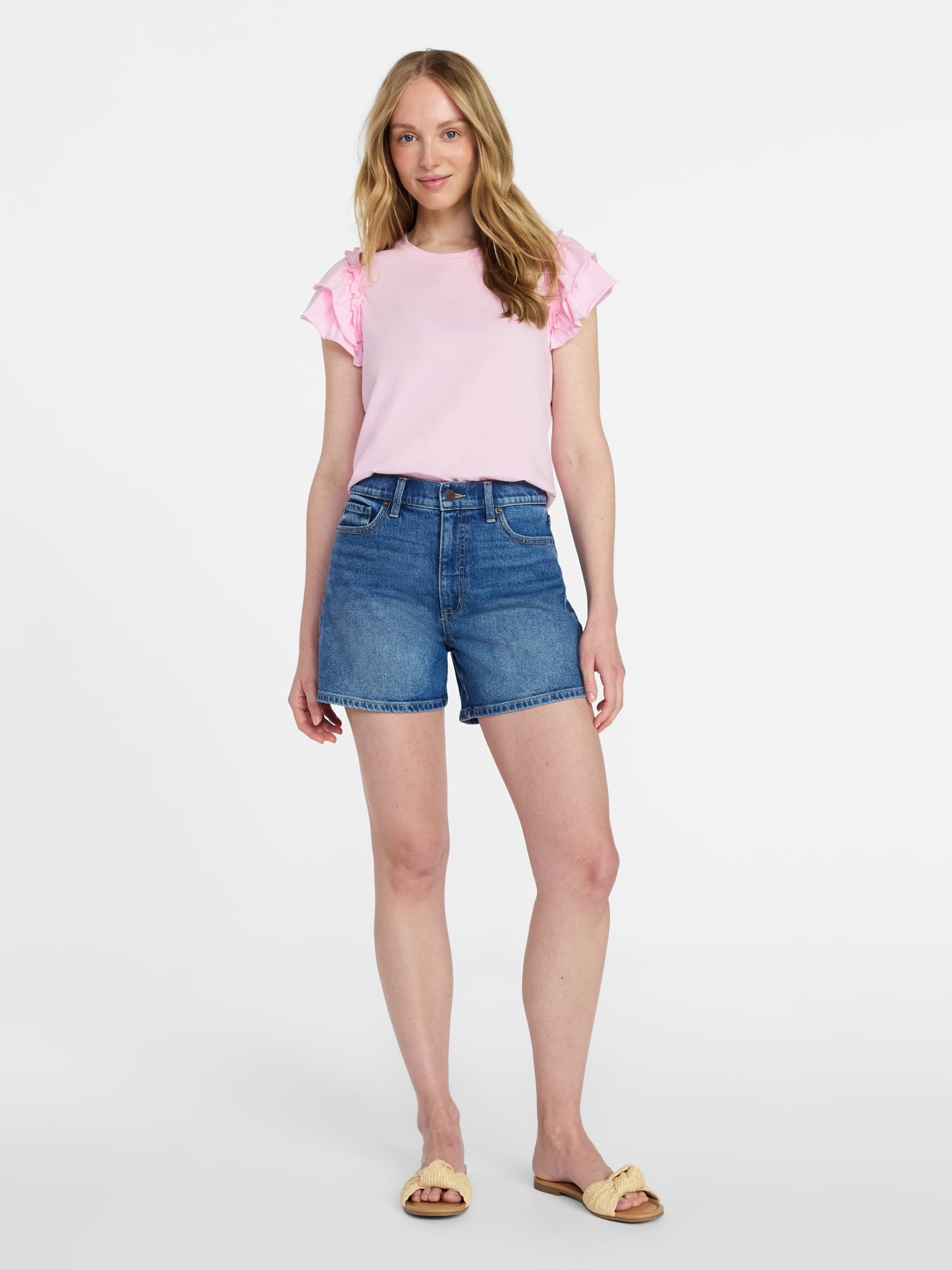 Time and Tru Women's Cotton Crewneck Tee with Ruffle Flutter Sleeves, Sizes XS-XXXL