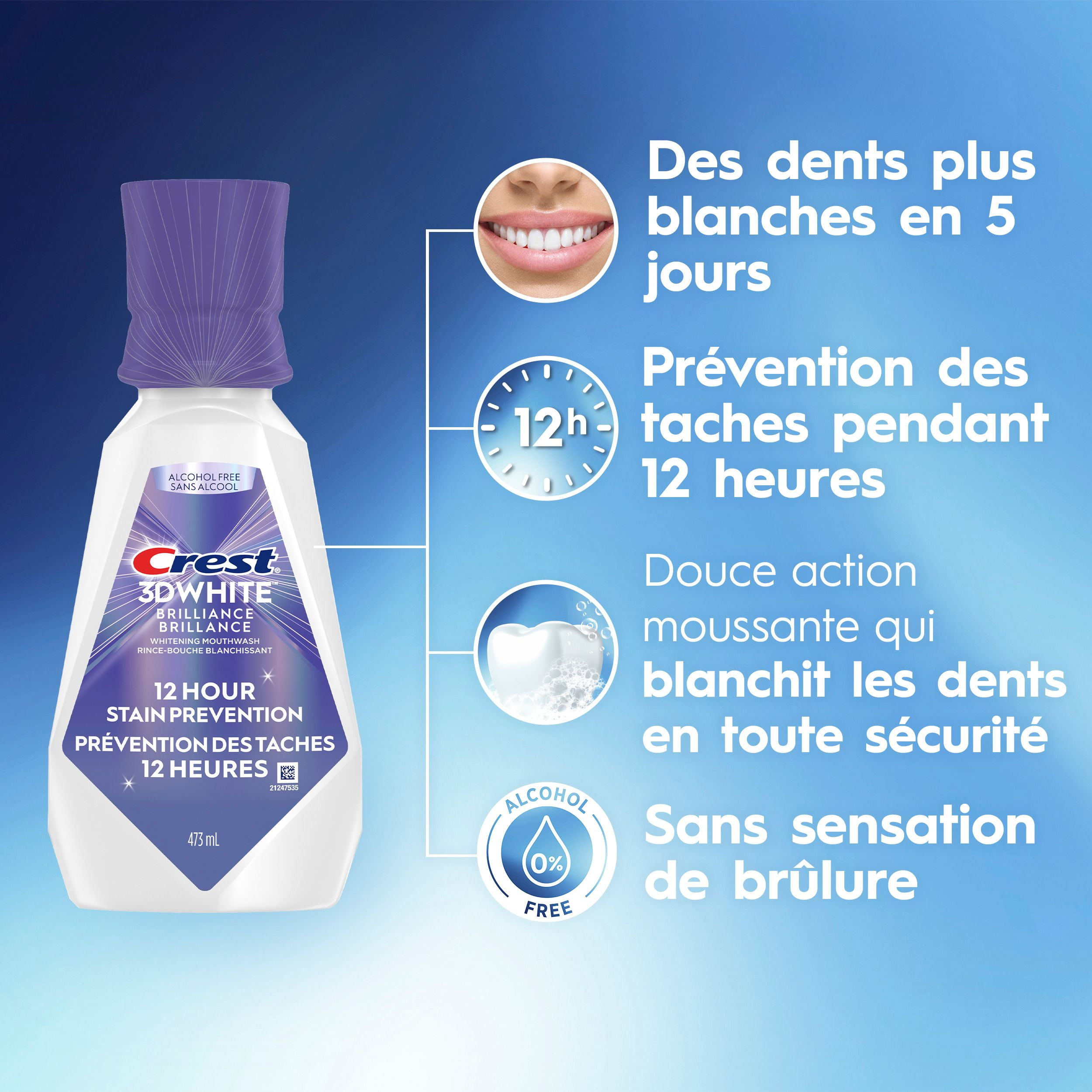 Rince-bouche Crest3DWhite Brillance Prévention des taches, Prévention des taches pendant 12heures, sans alcool, 473mL 473ML