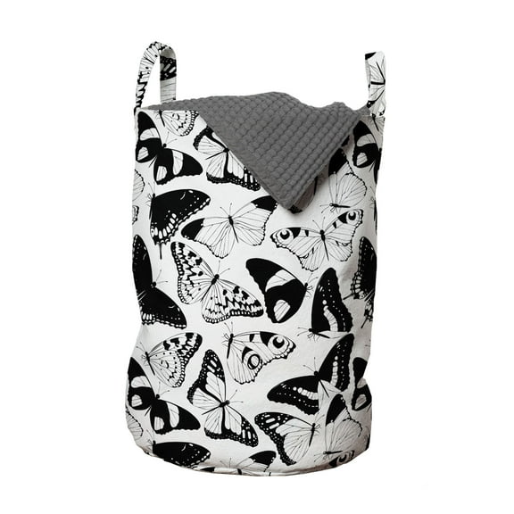 Butterfly Laundry Bag, Bicoloured Silhouettes of Flying Insects with Different Style Wings, Basket with Handles Drawstring Closure for Laundromats, 13" x 19", Charcoal Grey and White, by Ambesonne