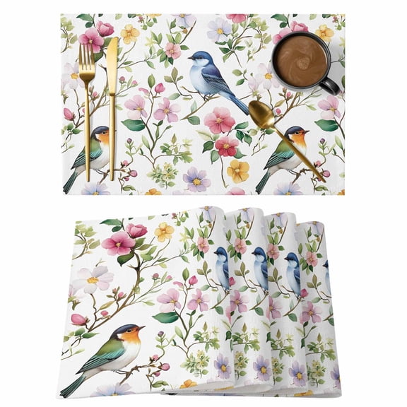 Spring Bird Floral Placemats Set of 6 Summer Birds Flowers Watercolor Place Mats Indoor Wipeable Table Mats Washable Cloth Dining Table Placemats for Kitchen Holiday Party Home Decor 13x19 Inch