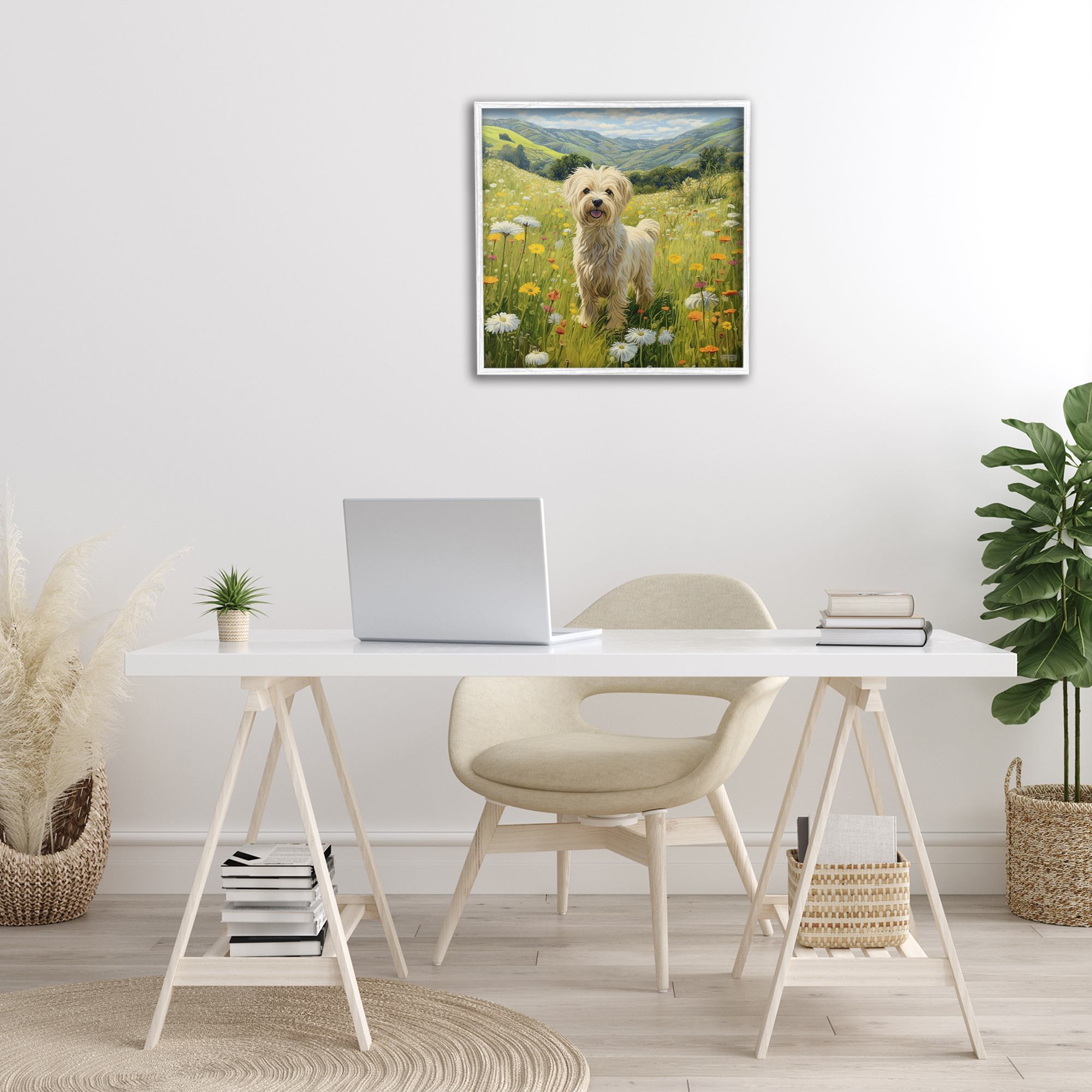 Stupell Industries Terrier Dog Rural Meadow Landscape Painting White Framed Art Print Wall Art, 24 x 24