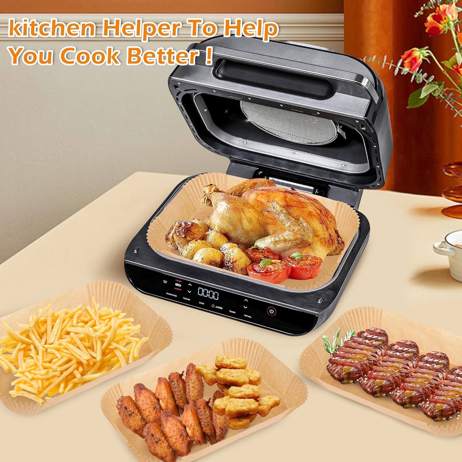 120pcs Air Fryer Liners Disposable for Ninja FG551/DG551/IG651/IG601 Foodi Smart XL Indoor Grill, Unbleach Parchment Paper Sheets with Oil Brush for Ninja Foodi Grill