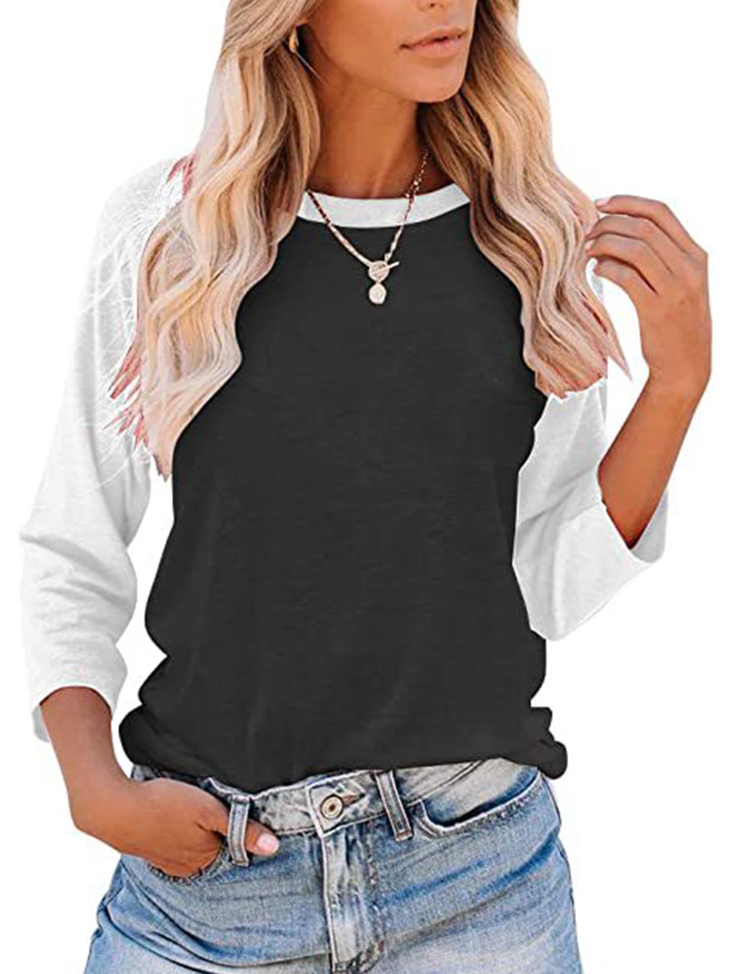 Eoeth Womens Triple Color Block Splice T-Shirts Leisure Simple Wild O-Neck Long Sleeve Blouse Tops Shirts Pullover Tee 