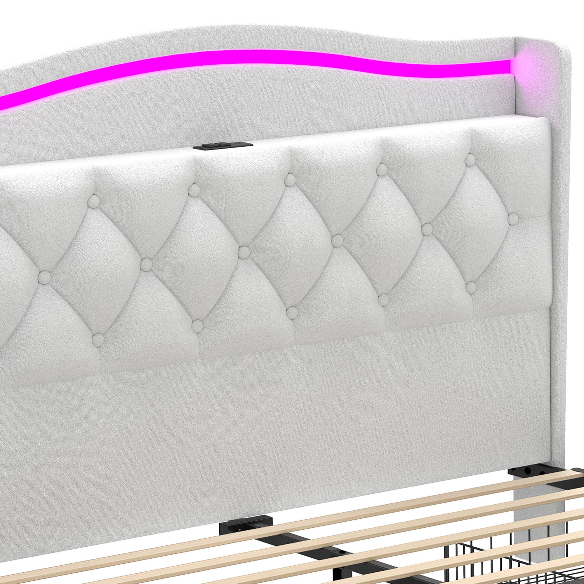 Uforic King Size Bed Frame with Power Outlets & LED Lights, Upholstered Storage Bed Frame with Drawers & Headboard, White