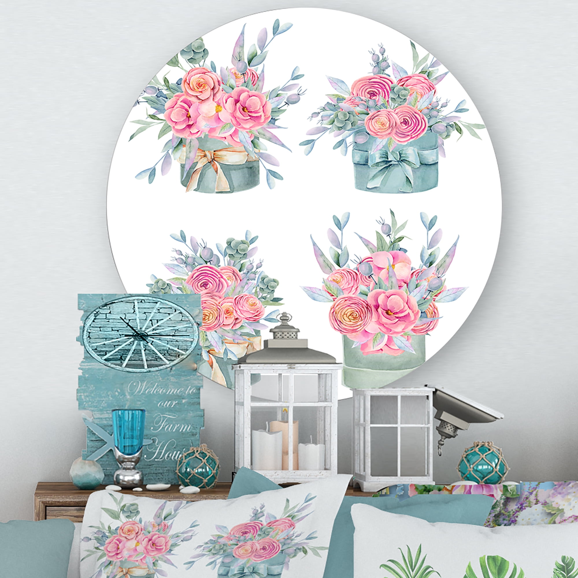 Designart 'Bouquets Collection of Pink Roses' Farmhouse Circle Metal Wall Art 11x11 - Disc of 11