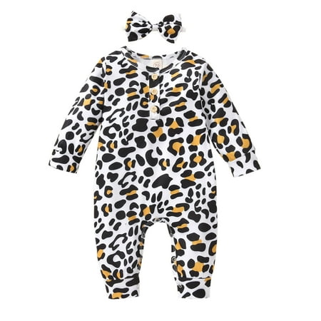

Boys Bodysuits Baby &Girls Leopard Print Ruffles Romper Jumpsuit Hairband Outfits