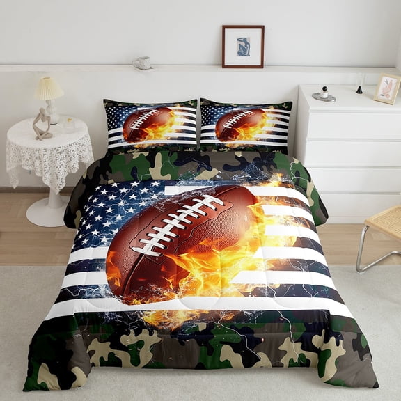 Camouflage Comforter Set , American Football Quilted Duvet Queen Size, Sports Games Bedding Set Teens Adult Bedroom, USA Federations Stars Down Comforter 3 Piece with 2 Pillow Case