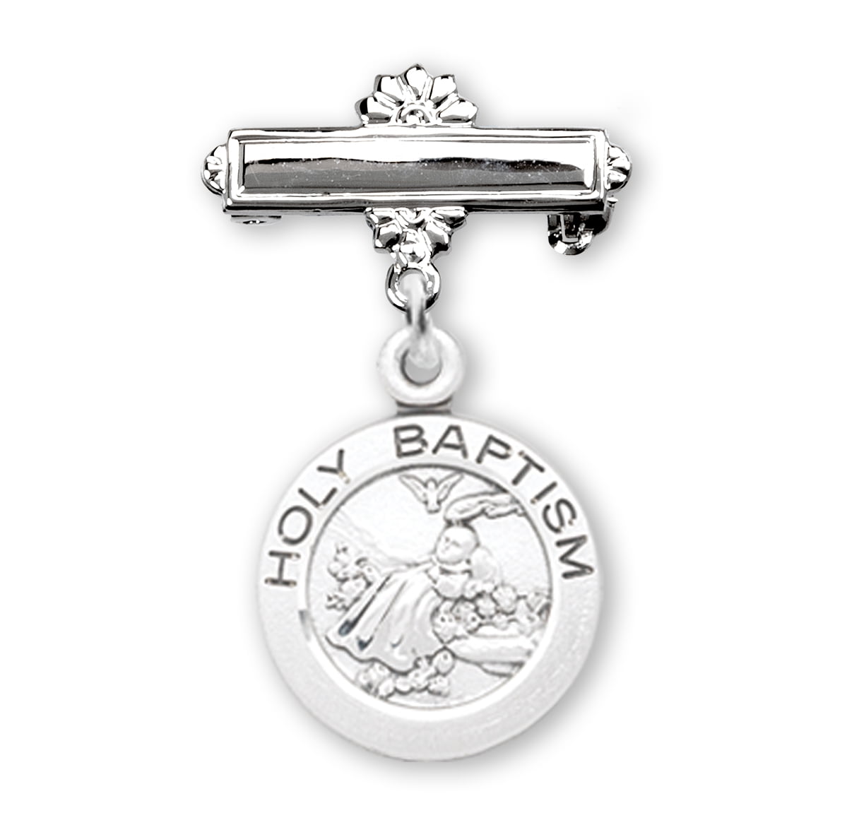 Sterling Silver Baby Holy Baptism Round Medal on a Bar Pin Dimensions