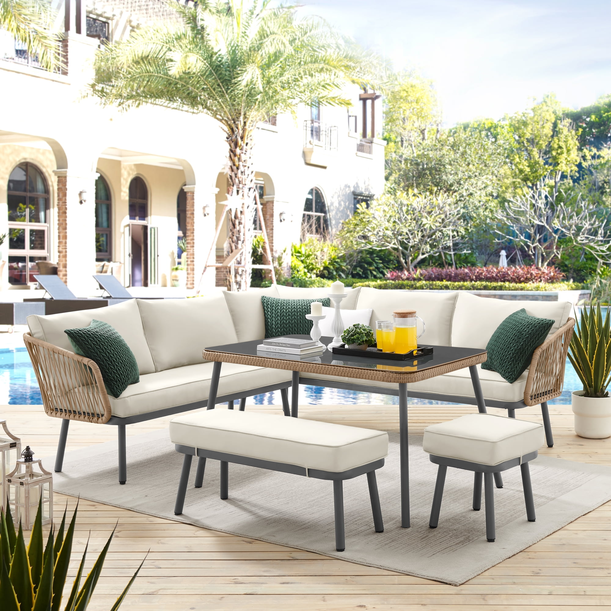Inspired Home Kentrell Outdoor Rattan Wicker 5pc Seating Group, Teak