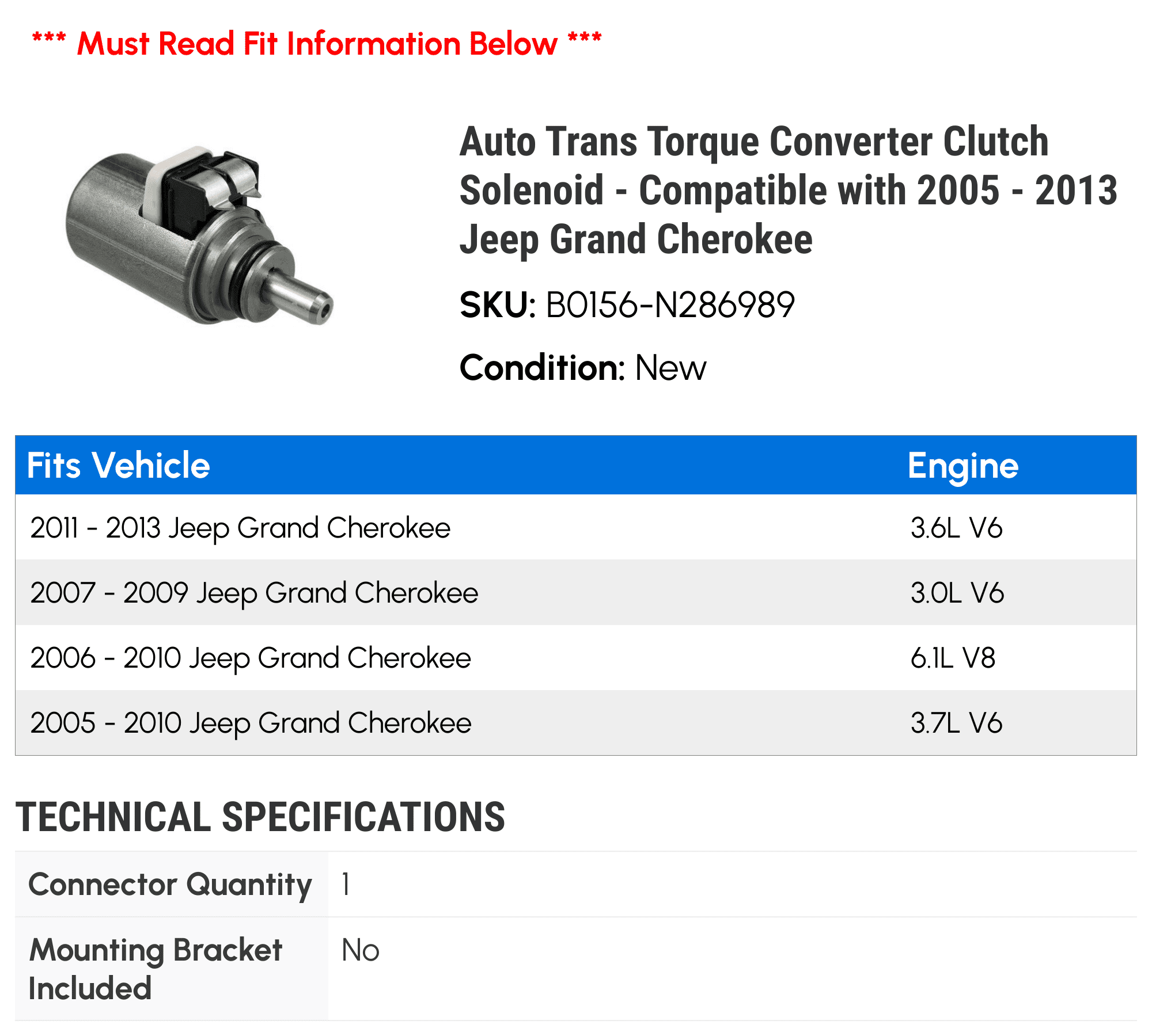 Auto Trans Torque Converter Clutch Solenoid - Compatible with 2005 