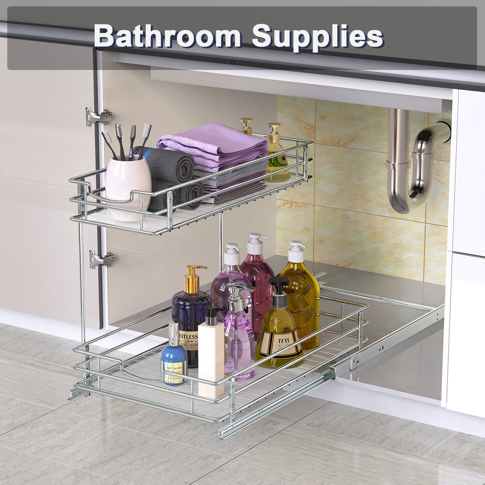 Under Sink Organizers and Storage, Metal Pull Out Cabinet Organizer with  Free Brush, 2-Tier Sliding Cabinet Kitchen Storage, Space Savers Organizers  Under Kitchen Bathroom Sink Organizer - Yahoo Shopping