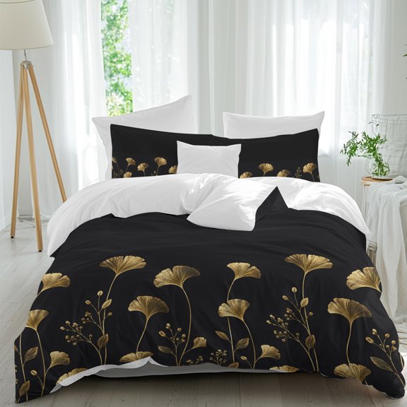 Duvet Cover Twin Size 3 Piece Bedding Set, Rustic Gold Ginkgo Leaf Soft Breathable Comforter Cover with 2 Pillow Shams, Farmhouse Plant on Black Luxury Duvet Covers with Zipper Closure
