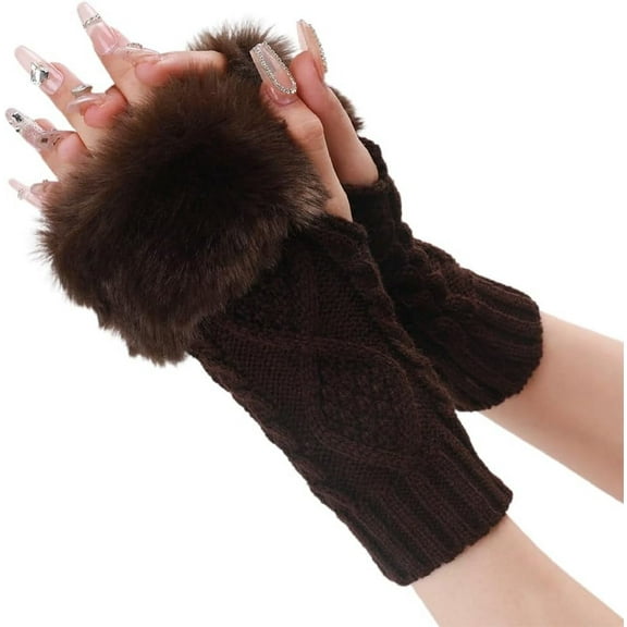 2 Pairs Brown Knit Fingerless Gloves Winter Crochet Coffee Furry Arm Warm Sleeves Soft Fluffy Knitting Thumb Hole Faux Fur Hand Wrist Warmer Mittens for Women Typing Driving Activity Outings