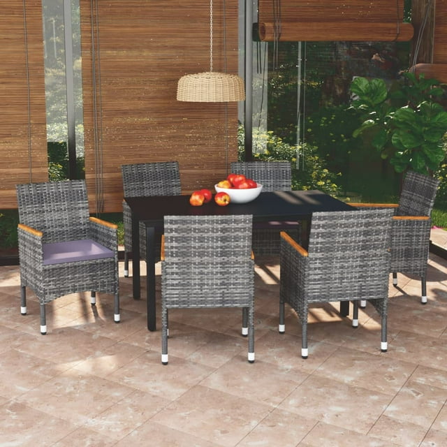 vidaXL 7 Piece Garden Dining Set with Cushions Poly Rattan Grey