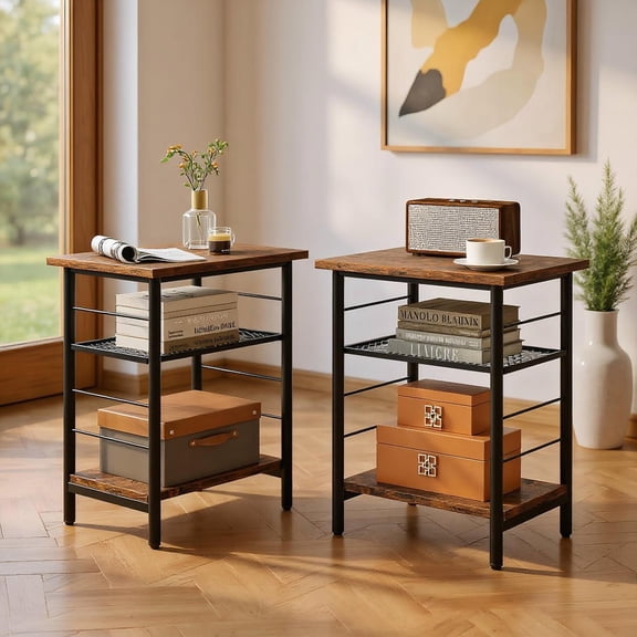 Resenkos Set of 2 3-Tier End Tables with Storage Shelves & Sturdy Metal Frame, Versatile Side Tables for Living Room & Bedroom, Rustic Brown & Black