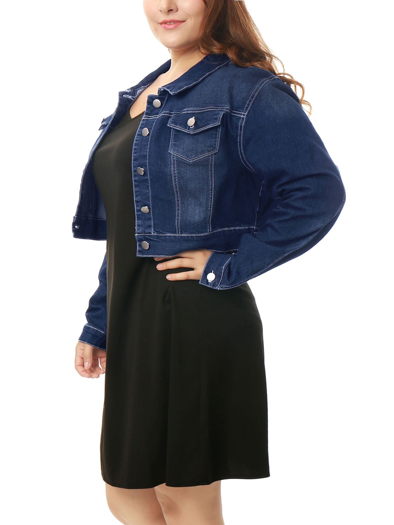 DARING DIVA Women's Plus Button Closed Cropped Denim Jacket 6X Dark Blue