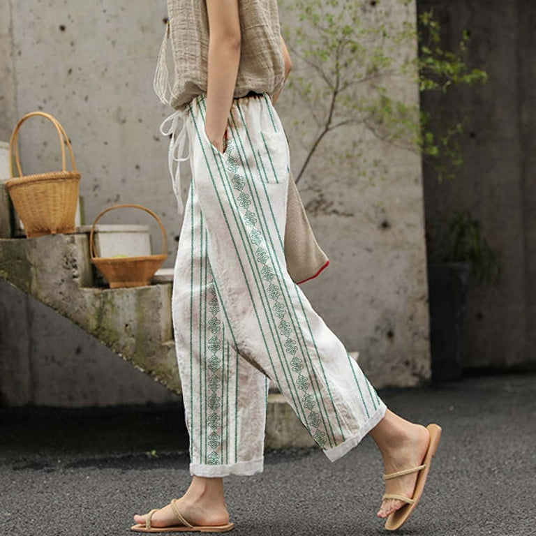 Boho Pants For Women Print Stripe High Waisted Trousers Women s Casual Comfort Ethnic Style Vertical Stripe All Purpose Lace Up Trousers Walmart