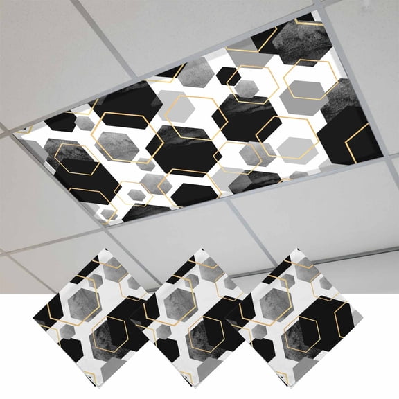 Black Grey Fluorescent Light Covers, Geometric Gold White Hexagon Modern Magnetic Light Covers for Ceiling Lights, Fluorescent Ceiling Shade Filters for Classroom Bedroom Office 4x2Ft x 3PCS