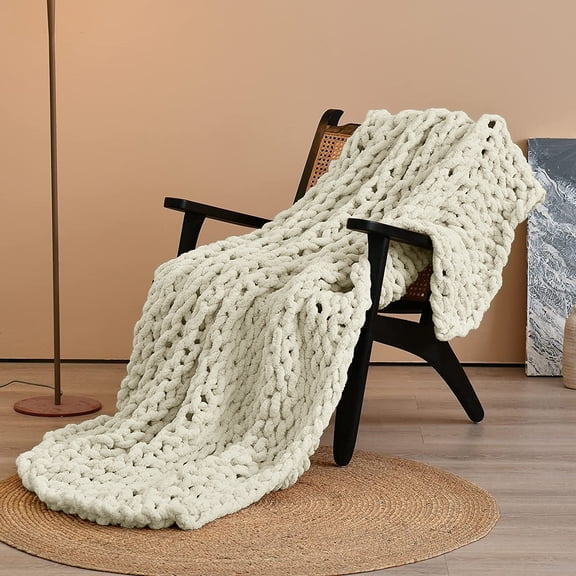 Comtest Chunky Knit Throw Blanket Soft Warm Chenille Blanket, Milk White, 40" x 40"(Single Sofa)