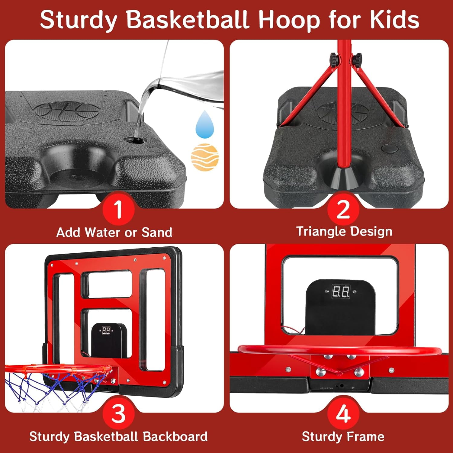Adjustable Height Kids Basketball Hoop 3.5FT-6.2FT with Scoreboard & LED Light, Portable Indoor & Outdoor Basketball Goal for 3-8 Years Boys and Girls