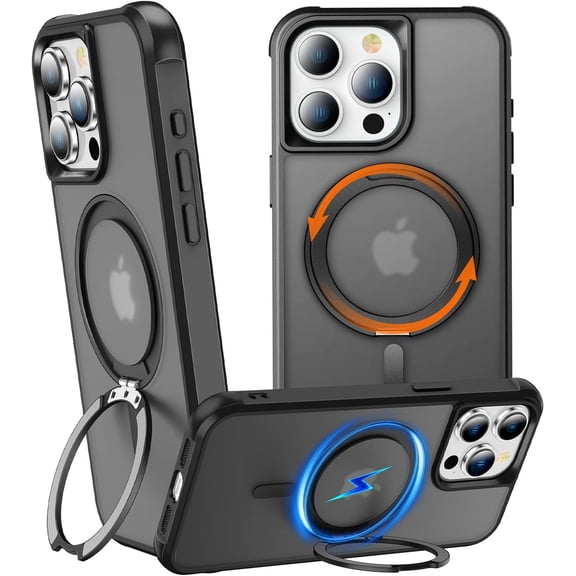 360° Rotatable Stand for iPhone 15 Pro Case with Magnetic [ Grade Drop Tested][Adjustable Kickstand] Ring Translucent Slim Hard Back Soft Edge, Black