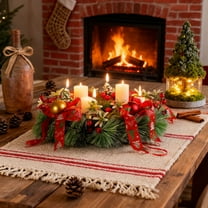 11.8 Inch Christmas Candle Holder Wreath, Artificial Wreath with Red Berries, Pine Needles & Pinecones, Festive Table Centerpiece for Dining Room, Fireplace Mantel, Xmas Holiday Decorations