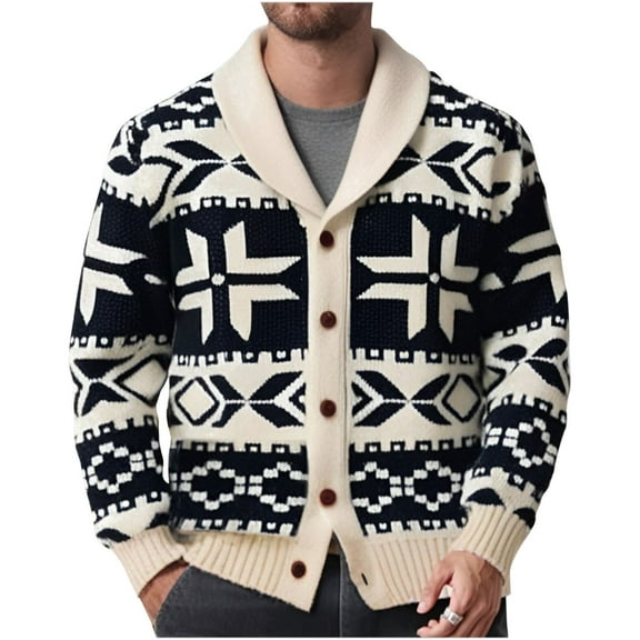 Men's Thickened Argyle Knit Sweater Coat Long Sleeve Lapel Collar V Neck Button Down Color Block Cardigan Outerwear Beige M