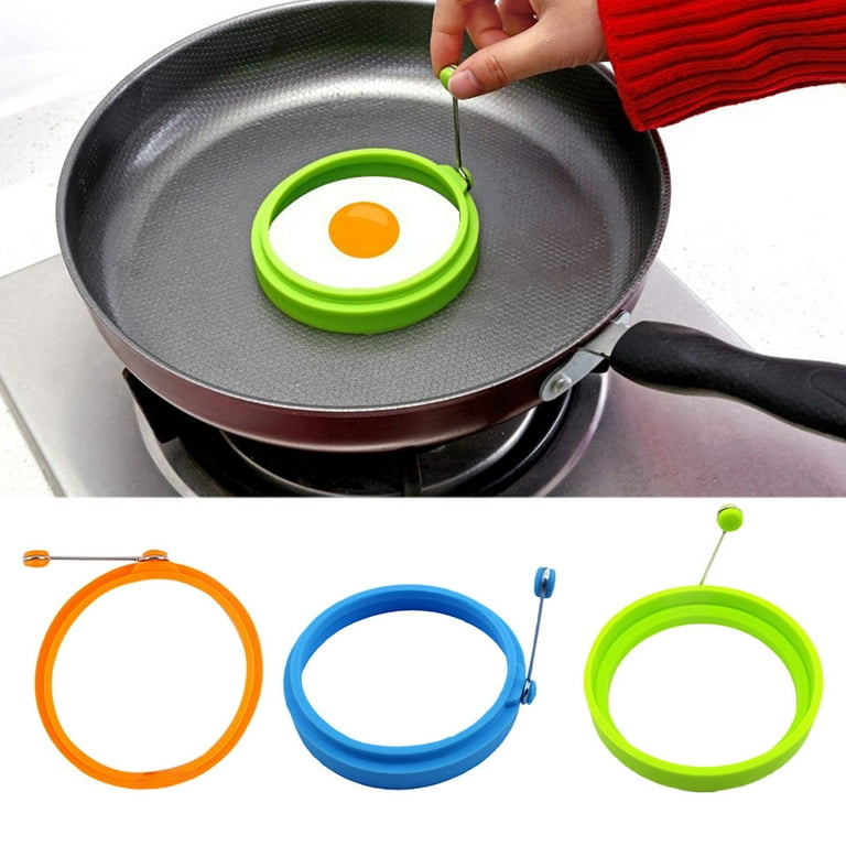 Ihvewuo 4pcs 4 inch Silicone Fried Egg Rings Set with 5 inch Handle Heat Resistant Egg Cooking Ring Round Non-Stick Pancake Mold Kitchen Breakfast