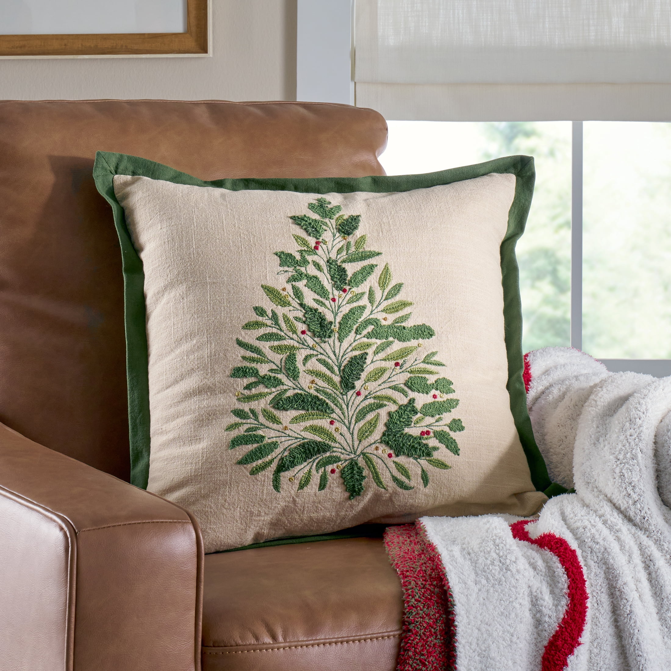 Better Homes & Gardens 20x20 Green Embroidered Holiday Tree Throw Pillow
