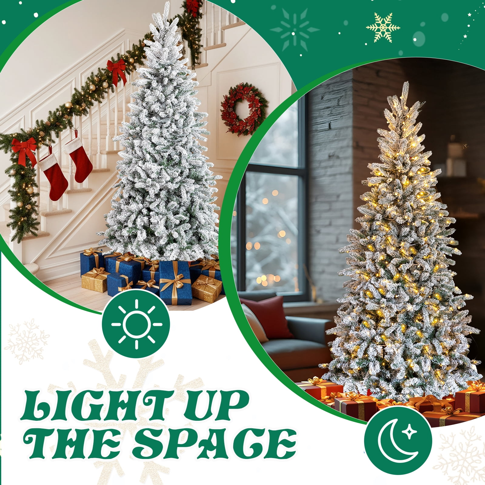 Astoutdoor 7 ft Snow Flocked Pre-Lit Artificial Pencil Christmas Tree with 1100 Branch Tips and 400 Lights, Snowy Green