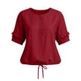 thumbnail image 6 of LEKWK Womens Linen Blouse Ruffle Sleeve Button Down Shirt Round Neck Tunic Tops Cute Tops Loose Fit Solid Soft Summer Casual Outfits, 6 of 7