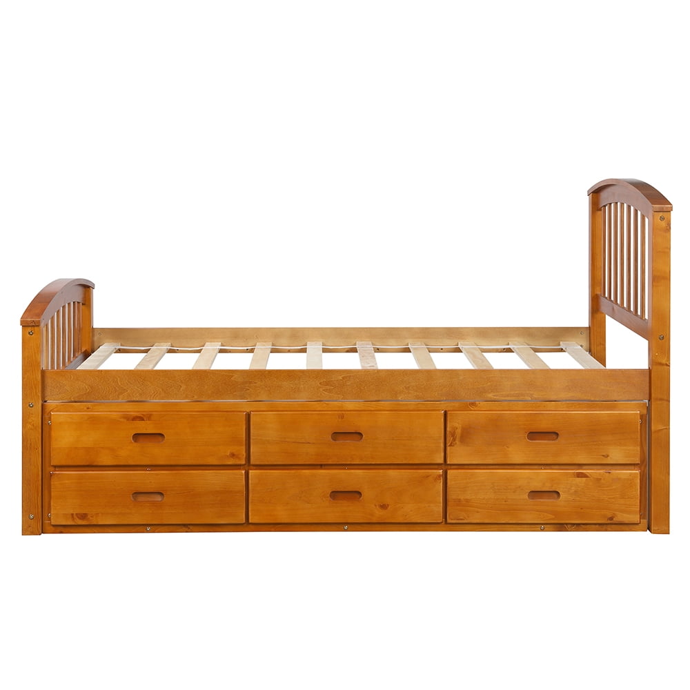 Private Jungle Solid Wood Twin Size Bed with Storage, Platform Bed with 6 Drawers-Oak
