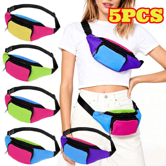 5pcs Retro 80s 90s Fanny Pack, Retro Belt Bag with 2 Pockets, Neon Small Waist Bags for Running, Traveling, Holiday, 80s Theme Party