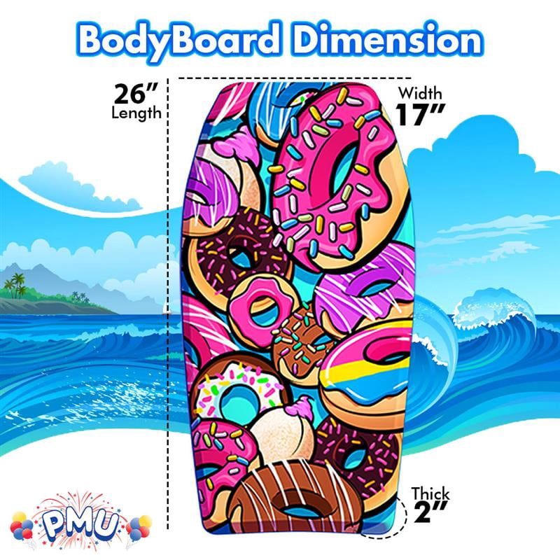 PMU 33 Inch Donut Printed Bodyboard - Lightweight Wrist Leash Slick Bottom Boogie Board for Beach, Sea & Pool - Surfing Board for Kids, Teens & Adults Wave Conditions Pkg/1