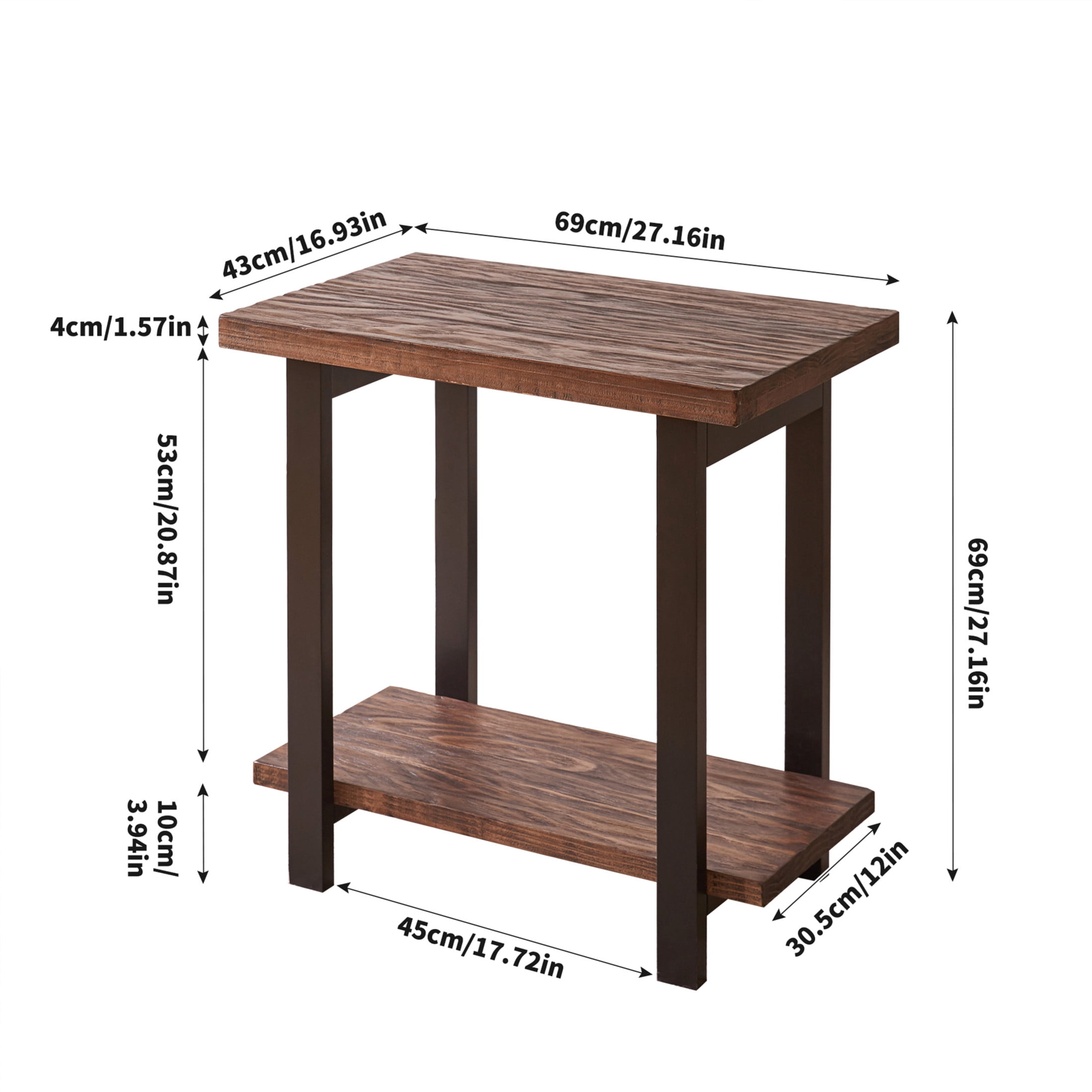 Noble House Caldon 2-Tier Industrial End Table with Pine Top & Rubber Wood Legs, Storage Sofa Side Table, Walnut & Black